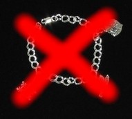 A charm bracelet with a red X over top