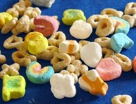 Lucky Charms cereal on a blue background