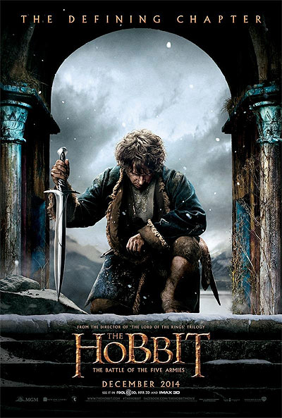 The poster for The Battle of the Five Armies, featuring Bilbo kneeling with Sting, his head lowered